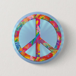 Badge Rond 5 Cm Paix de l'énergie des fleurs   brillance bleu clai