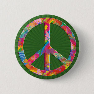 Badge Rond 5 Cm Paix de l'énergie des fleurs   brillance verte