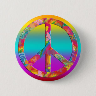 Badge Rond 5 Cm Paix de l'énergie des fleurs   lignes colorées