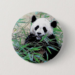 Badge Rond 5 Cm Panda Manger Feuilles