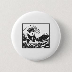 Badge Rond 5 Cm Panda surfant sur la vague japonaise Grande Vague 