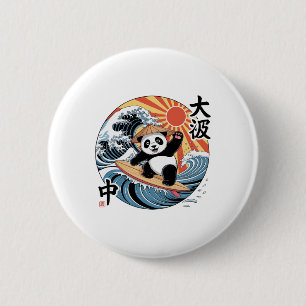 Badge Rond 5 Cm Panda surfant sur une vague japonaise Rétro Océan