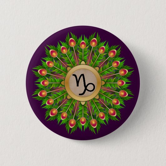 Badge Rond 5 Cm Panneau Zodiac Peacock Feather Wreath Capricorne (Devant)