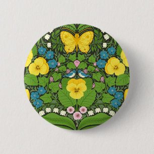 Badge Rond 5 Cm Pansies jaunes, oiseaux et papillons
