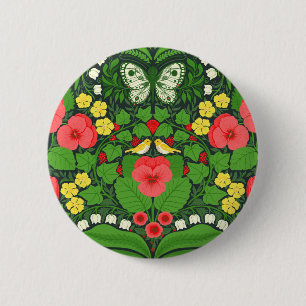 Badge Rond 5 Cm Pansies rouges, oiseaux et papillons
