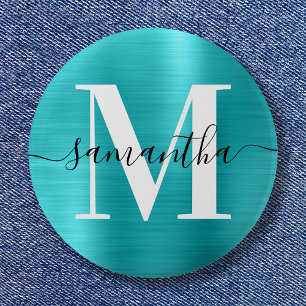 Badge Rond 5 Cm Papier alu Monogramme Signature Turquoise Bleu Bri