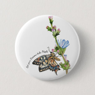 Badge Rond 5 Cm Papillon aquarelle sur une fleur chicorée