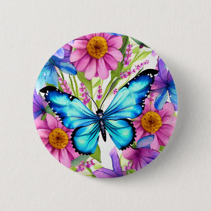 Badge Rond 5 Cm Papillon bleu dans un champ de fleurs