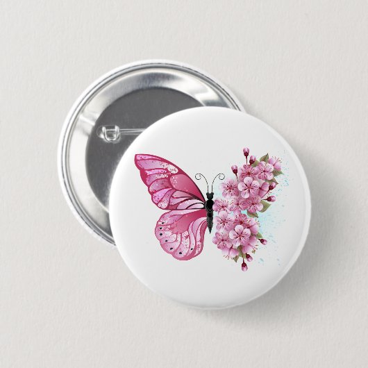 Badge Rond 5 Cm Papillon de fleurs avec Sakura rose (Devant & derrière)