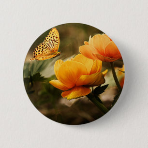 Badge Rond 5 Cm Papillon orange et fleurs