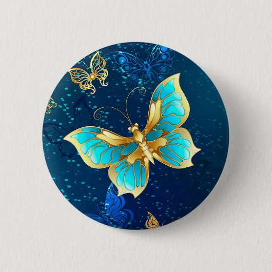 Badge Rond 5 Cm Papillons d'or sur un Arrière - plan bleu (Devant)