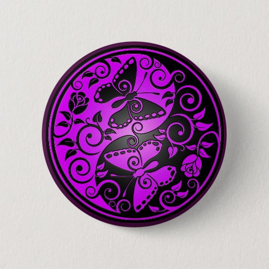 Badge Rond 5 Cm Papillons, pourpre et noir de Yin Yang (Devant)