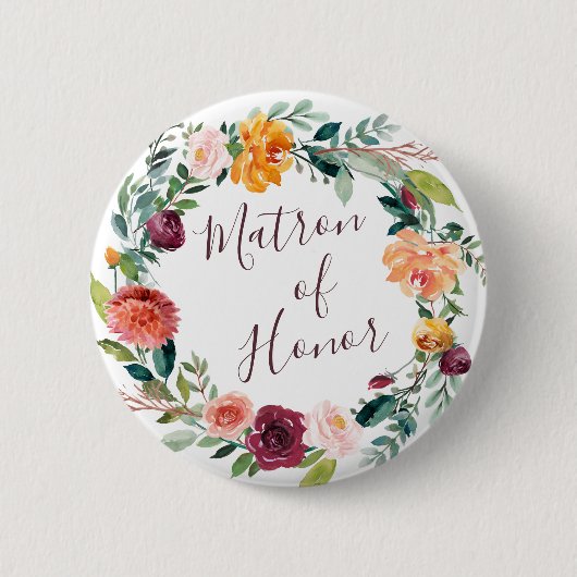 Badge Rond 5 Cm Paprika Burgundy Floral Matron of Honor Button (Devant)