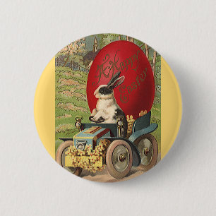 Badge Rond 5 Cm Pâques drôle vintage, Lapin oeuf automobile