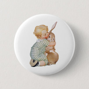Badge Rond 5 Cm Pâques vintage, enfant garçon mignon avec lapin de