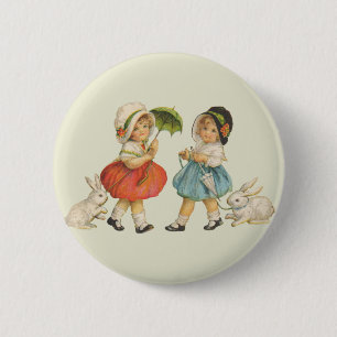 Badge Rond 5 Cm Pâques vintage Enfants Lapins Bonnets Antique