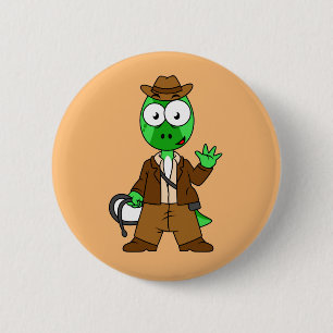 Badge Rond 5 Cm Parasaurolophus Habillé Comme Indiana Jones.