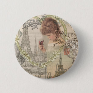 Badge Rond 5 Cm Paris France Jolie Fille Douce Tour Eiffel