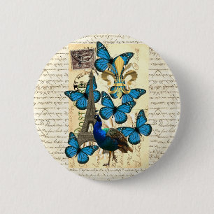 Badge Rond 5 Cm Paris, paon et papillons