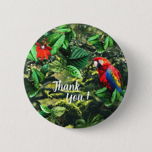 Badge Rond 5 Cm Parrot écarlate macaw dans la jungle avec des fleu