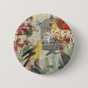 Badge Rond 5 Cm Parrot Jaune Tropical Antique Fleur