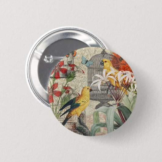 Badge Rond 5 Cm Parrot Jaune Tropical Antique Fleur (Devant & derrière)