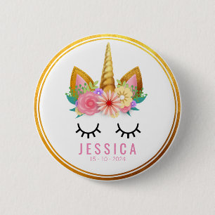 Badge Rond 5 Cm Partie florale de licorne d'or