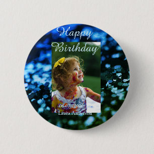 Badge Rond 5 Cm Parties scintillant bleu vert photo anniversaire d