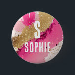 Badge Rond 5 Cm Parties scintillant d'or rose éclat Monogramme per<br><div class="desc">Parties scintillant d'or Pink Splatter Monogram Personnalisé Nom Bouton dispose d'une parties scintillant d'or moderne et de peinture rose splatter arrière - plan avec votre monogramme et nom personnalisés. Personnalisez en modifiant le texte dans la zone de texte ou supprimez sans texte. Créé par Evco Studio www.zazzle.com/store/evcostudio</div>
