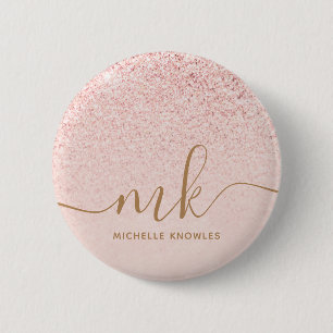 Badge Rond 5 Cm Parties scintillant or Rose tendance Initiales fan