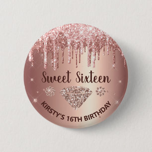 Badge Rond 5 Cm Parties scintillant rose à goutte d'or & Diamond S