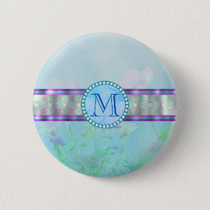 Badge Rond 5 Cm Pastel Blue Floral Monogramme