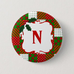 Badge Rond 5 Cm Patchwork décoré d'un monogramme d'édredon de Noël