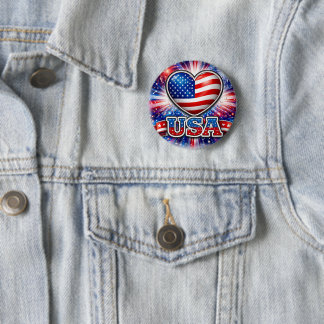 Badge Rond 5 Cm Patriotic USA Heart Button – American Flag 