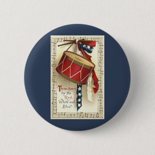 Badge Rond 5 Cm Patriotique Vintage, Tambours avec Notes de Musiqu