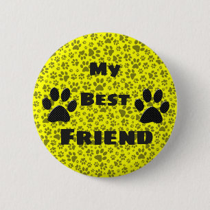 Badge Rond 5 Cm Patte de Chien Noir & Blanc à pois sur bouton jaun