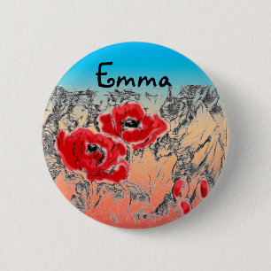 Badge Rond 5 Cm Pavot à fleurs rouges noires grises croisées