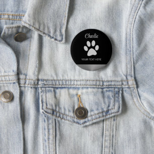 Badge Rond 5 Cm Paw Chien Argent sur arrière - plan noir