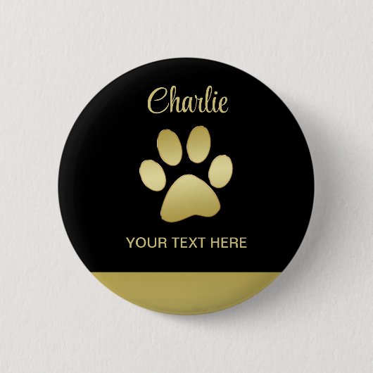 Badge Rond 5 Cm Paw chien brillant or sur arrière - plan noir (Devant)