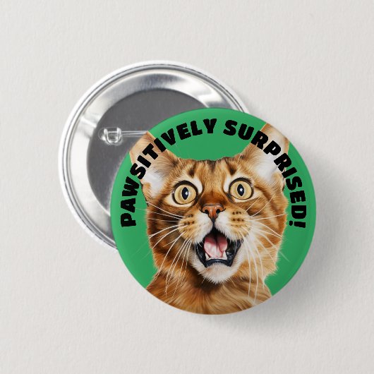 Badge Rond 5 Cm PAWSITIVEMENT SURPRIS ! Funny Crazy Cat Green (Devant & derrière)