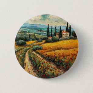 Badge Rond 5 Cm Paysage Campagnard de Toscane Dorée aux Fleurs Sau