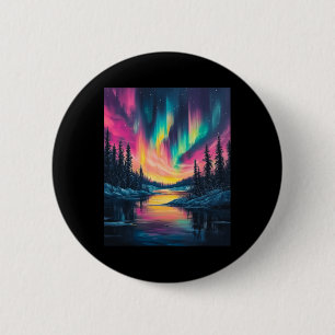 Badge Rond 5 Cm Paysage d'Alaska Aurore Boréale Lumières du Nord V