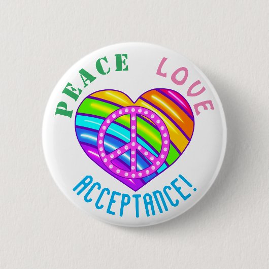 Badge Rond 5 Cm Peace Love Acceptation Arc-en-ciel Bouton Coeur (Devant)