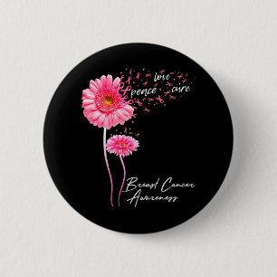 Badge Rond 5 Cm Peace Love Cure Rose Ribbon Daisy Cancer du sein