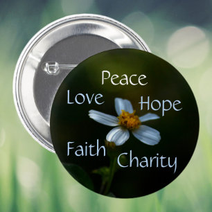 Badge Rond 5 Cm Peace Love Hope Faith Charity Daisy Floral