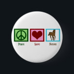 Badge Rond 5 Cm Peace Love Horses<br><div class="desc">J'adore les beaux chevaux. Un joli signe de paix vert,  un coeur rouge et un cheval brun sur un carré bleu font un joli cadeau équestre. Un mignon bouchon de Noël pour les amoureux des animaux.</div>