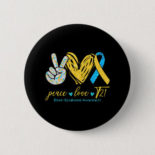 Badge Rond 5 Cm Peace Love T21 Blue Yellow Ribbon Down Syndrome