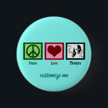 Badge Rond 5 Cm Peace Love Theater Cute Custom<br><div class="desc">Boutons du Théâtre Peace Love avec un design mignon d'un signe de paix vert, coeur, et deux masques de théâtre représentant un acteur et une actrice dans le théâtre. Un joli cadeau de club de théâtre pour quelqu'un qui aime jouer dans les pièces et les productions théâtrales. Un grand dramaturge...</div>
