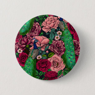 Badge Rond 5 Cm Peacocks dans le jardin rose 2