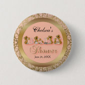 Badge Rond 5 Cm Pêche & Or Damask avec Nounours | BABY SHOWER (Devant)
